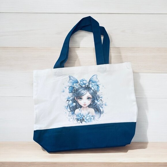 Large  Blue & White Butterfly Girl Canvas Tote  - New - Picture 2 of 4